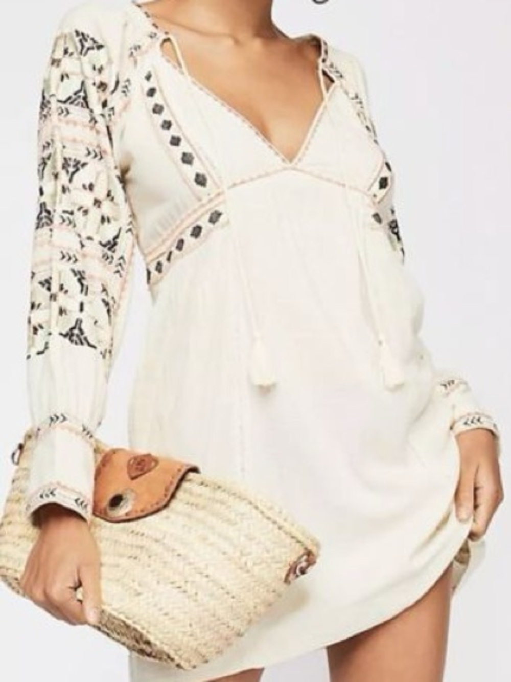 Free People All My Life Embroidered Boho Dress V-Neck Long Sleeve Cream size S - Picture 6 of 16